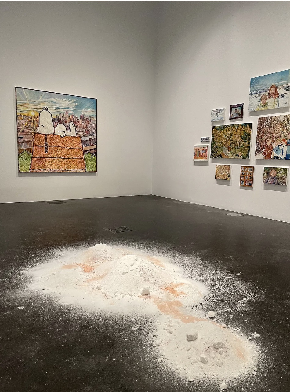 Installation view of Colorado Currents at MCA Denver with Keith Mayerson's Snoopy Dawn over Denver and salon wall of paintings, and Devon Dikeou's Aspen Snow salt installation on the floor