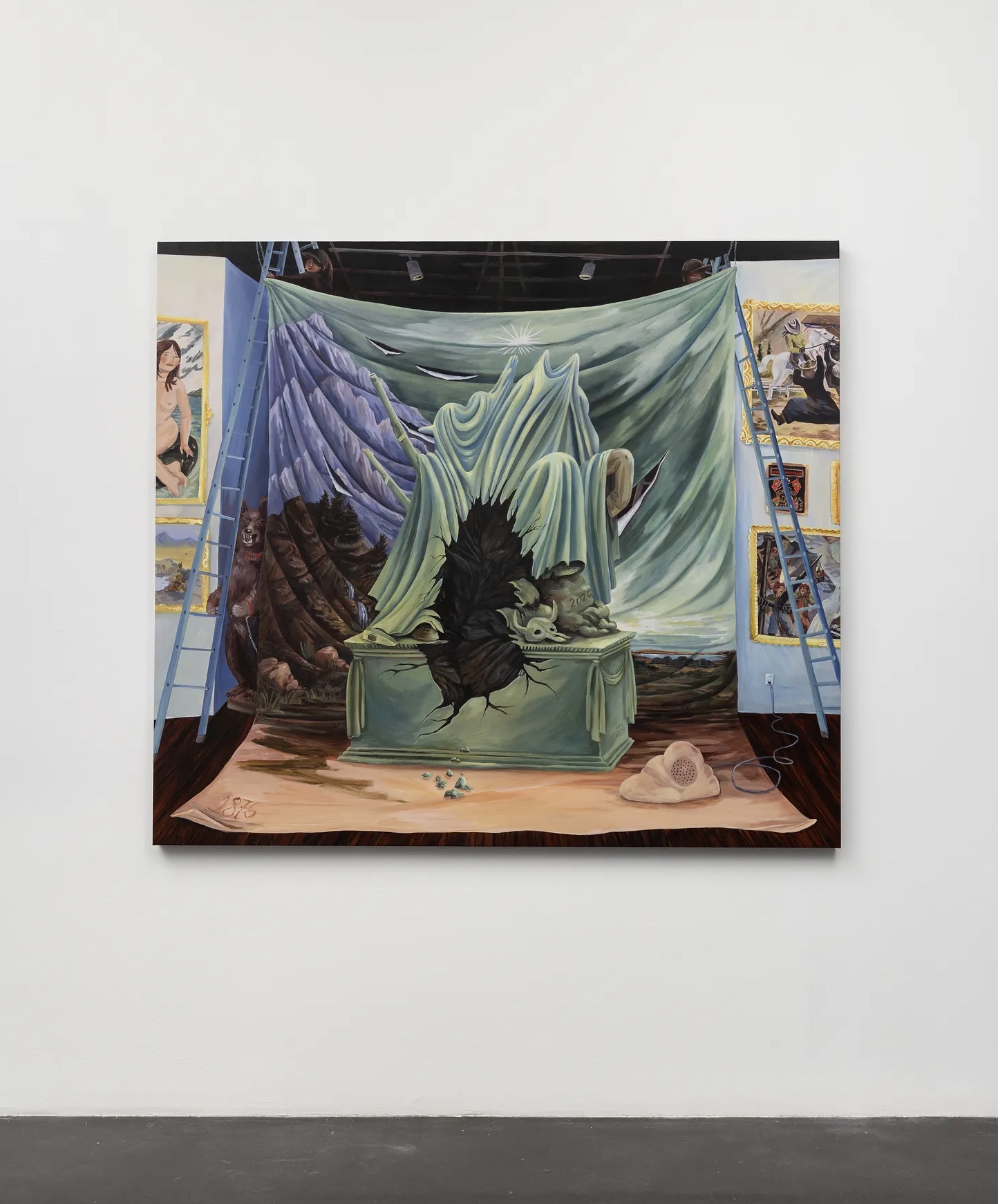 Painting by Grace Kennison in Colorado Currents at MCA Denver, showing a shrouded monument marked 2026 breaking apart in a museum installation with 1876 painted on the floor