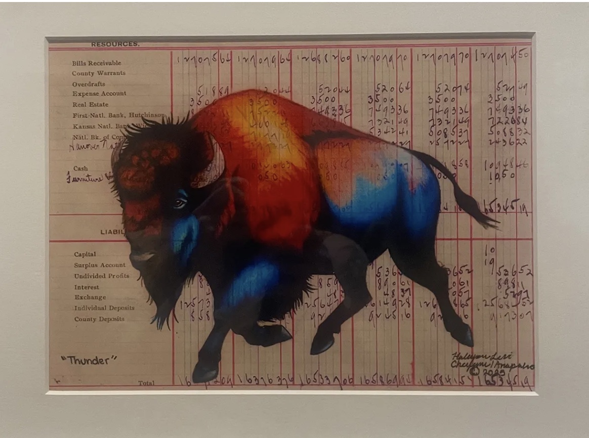 Halcyon Levi, Thunder — a buffalo painted in red, orange, and blue on an antique bank ledger page with printed account headings and handwritten figures