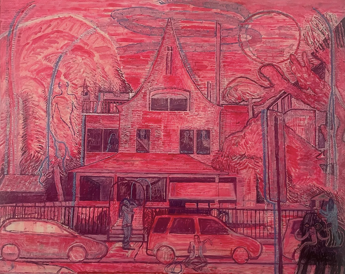 Lydia Farrell, Lilith — a house and street scene painted almost entirely in reds and pinks, with figures on the sidewalk, parked cars, and ghostly outlined forms in the sky